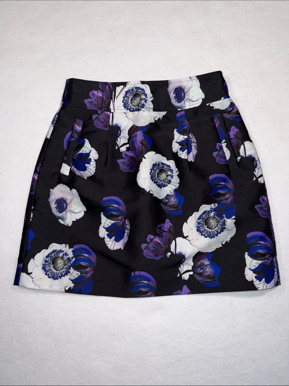 J. Crew Black Mini Skirt with White and Purple Floral Print